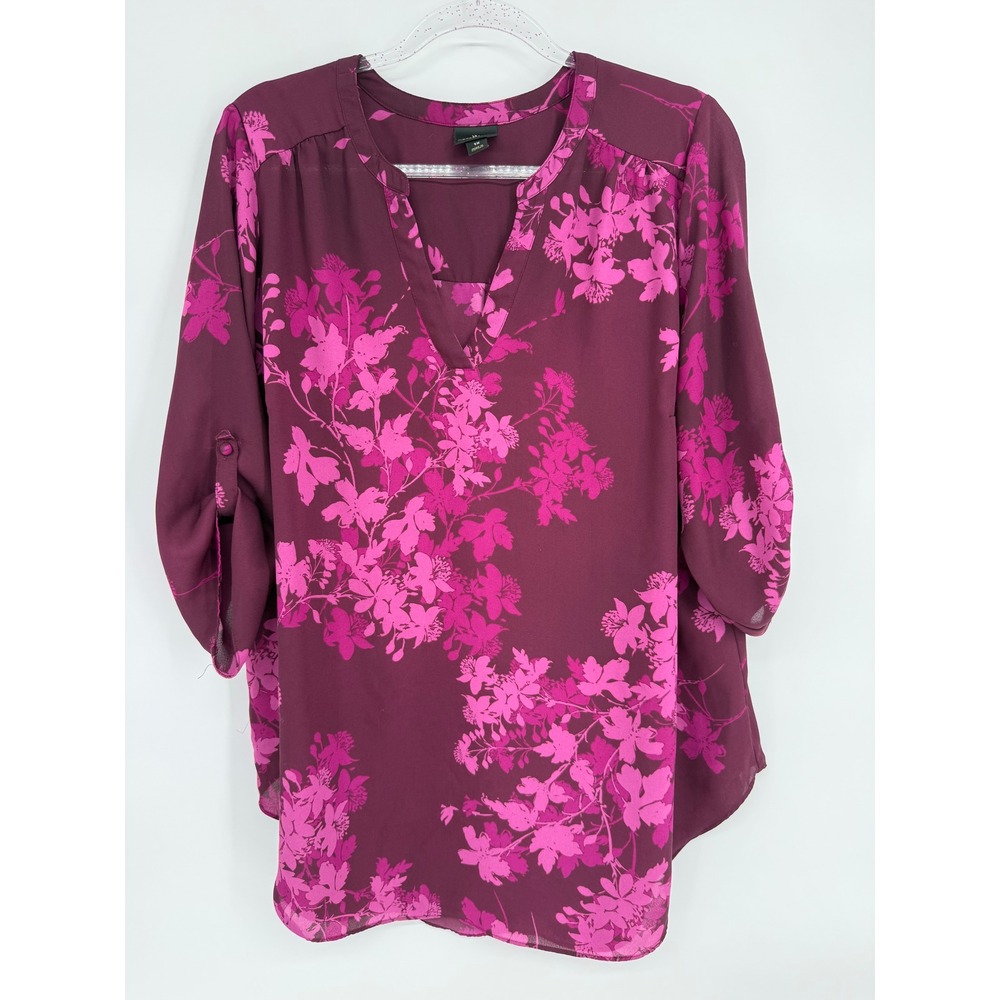 Worthington Woman Plum Pink Floral Roll Tab 3/4 Sleeve Blouse Top Sz 1X